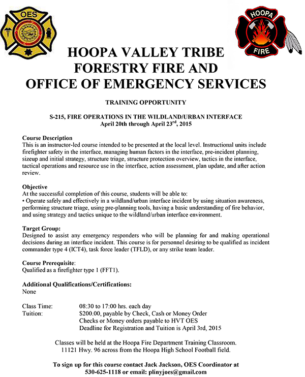 Hoopa Valley Tribe Forestry Fire and Office of Emergency Services – Training Opportunity