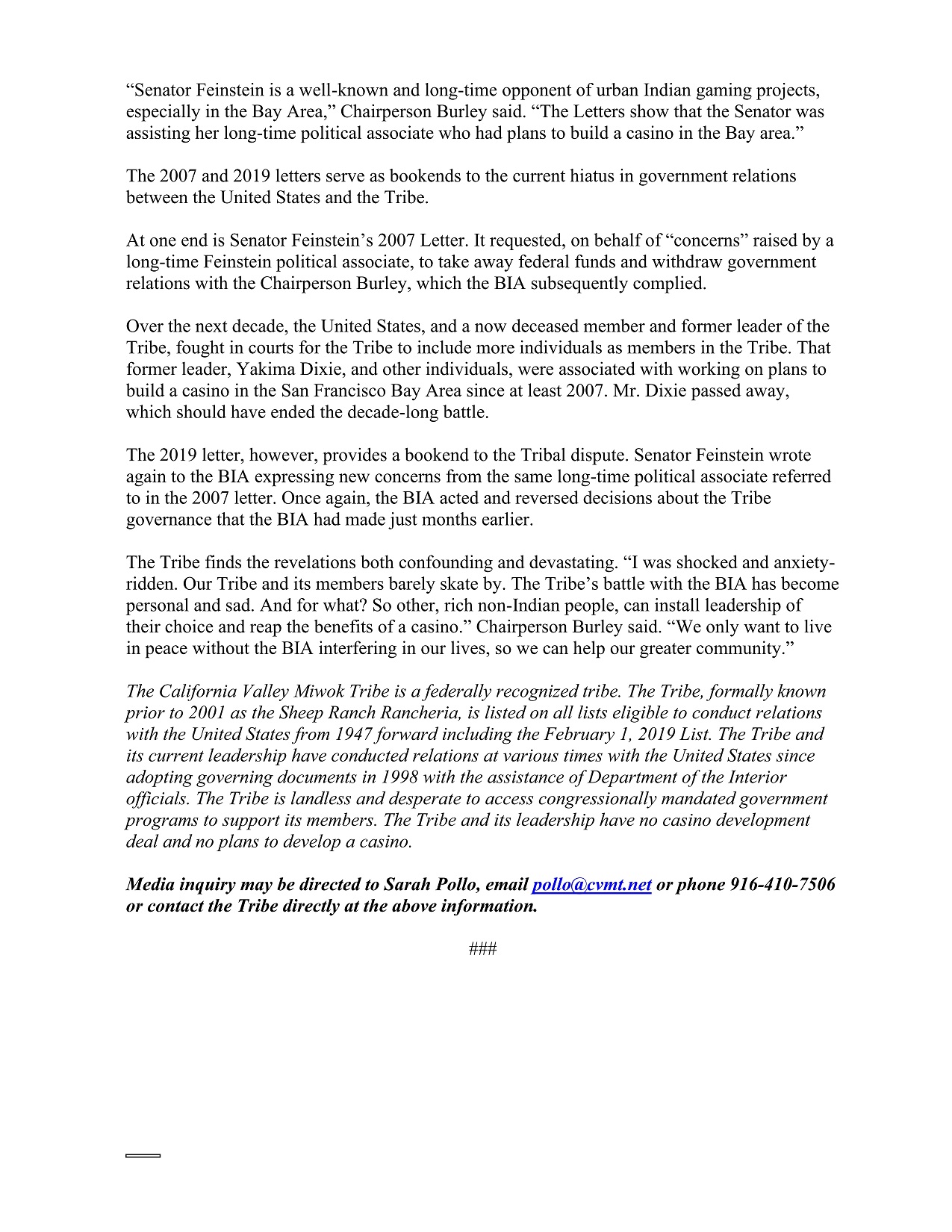 Official tribal press release
