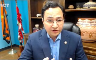The principal chief of the Cherokee Nation, Chuck Hoskin Jr. in his office