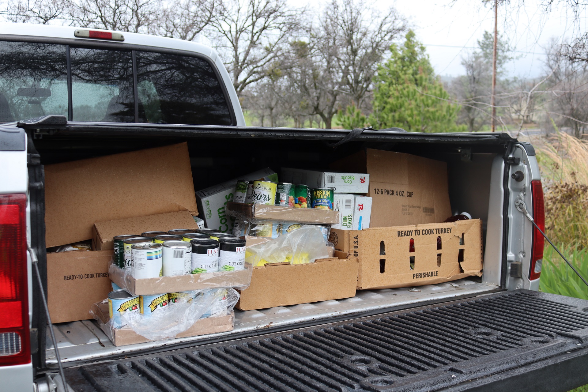 California Valley Miwok Tribe's food distribution in F250 trunk.