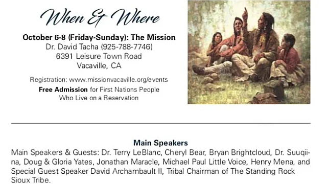 Flyer for the All Tribes and First Nations Gathering, “Healing the Sacred Circle II: Story Telling – Looking Back Forward”, held October 6-8, 2017 at The Mission in Vacaville, California, with free admission for First Nations people living on a reservation.