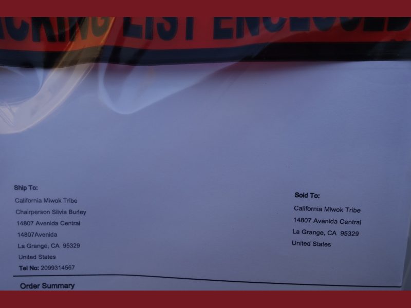 Order summary of California Valley Miwok Tribe's good supplies.