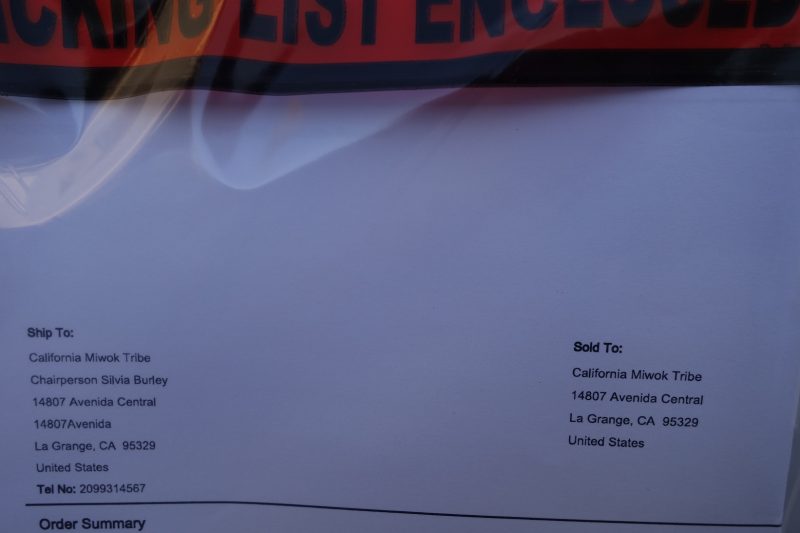 Stated delivery destination and recognized tribal official, "that even the superintendent of CCA/BIA can not figure out". Order summary of California Valley Miwok Tribe's good supplies.