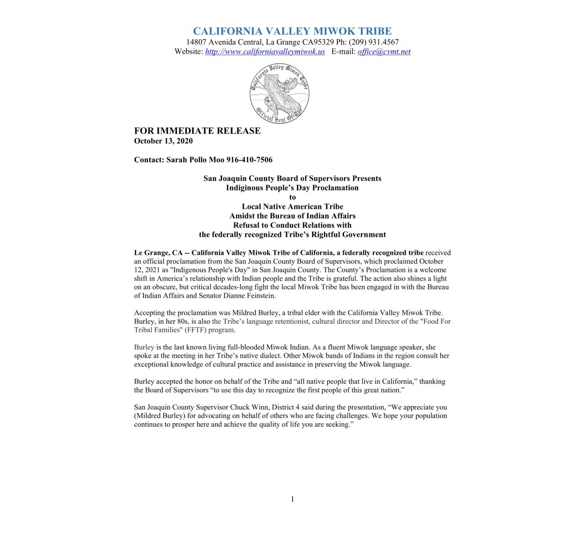 San Joaquin Board of Supervisors proclamation for Indigenous People's Day
