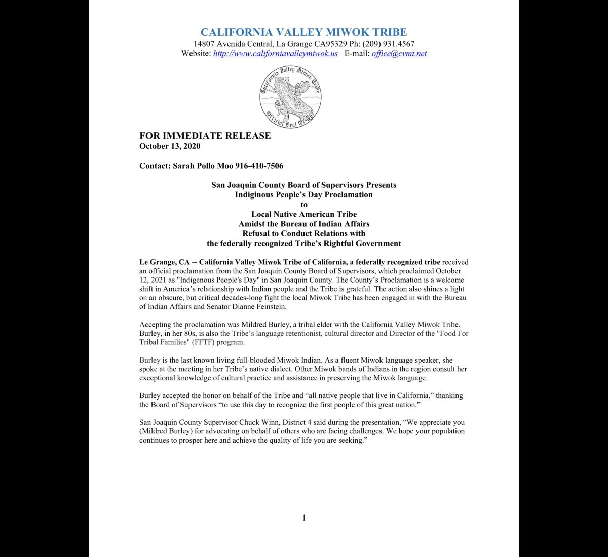 Proclamation for Indigenous People's Day San Joaquin Board of Supervisors proclamation for Indigenous People's Day
