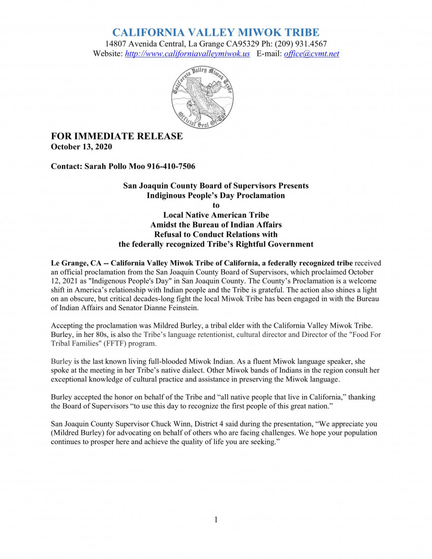 Proclamation for Indigenous People's Day San Joaquin Board of Supervisors proclamation for Indigenous People's Day