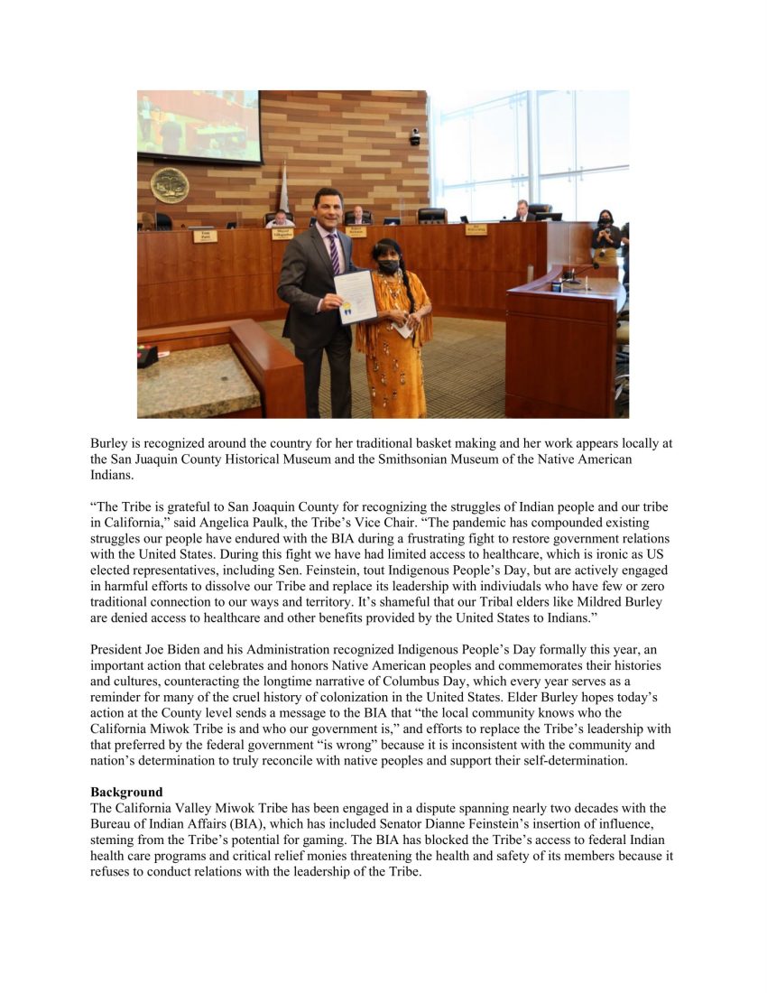 California Valley Miwok Tribal elder Mildred Burley with Tom Patti, Supervisor for District 3 and Chairman of the Board of Supervisors, holding the Indigenous Peoples’ Day proclamation. California Valley Miwok Tribal elder Mildred Burley with Tom Patti, holding the Indigenous Peoples’ Day proclamation.