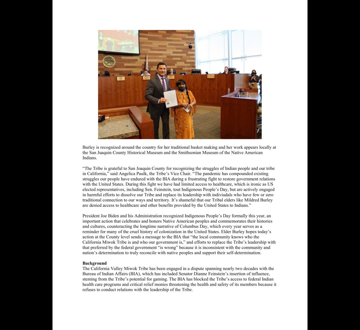 California Valley Miwok Tribal elder Mildred Burley with Tom Patti, Supervisor for District 3 and Chairman of the Board of Supervisors, holding the Indigenous Peoples’ Day proclamation. California Valley Miwok Tribal elder Mildred Burley with Tom Patti, holding the Indigenous Peoples’ Day proclamation.