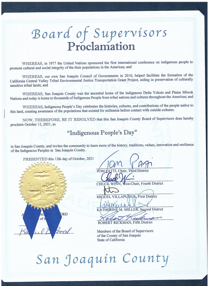 Folder cover and proclamation San Joaquin Board of Supervisors proclamation for Indigenous People's Day
