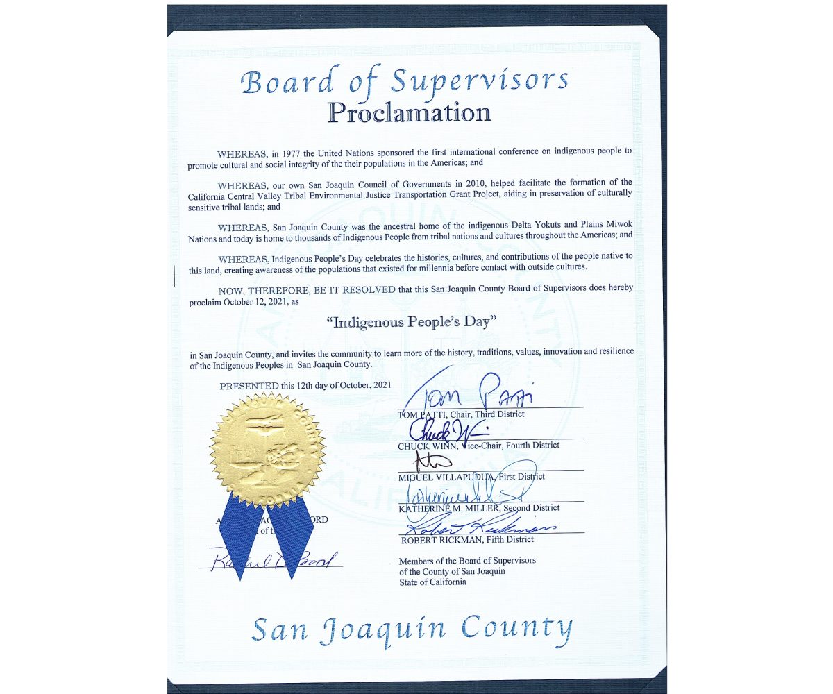 San Joaquin Board of Supervisors proclamation for Indigenous People's Day