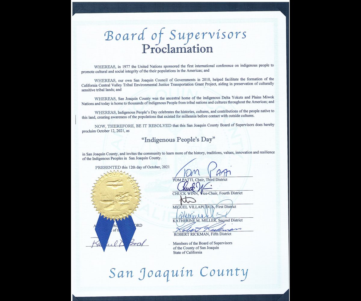 Folder cover and proclamation San Joaquin Board of Supervisors proclamation for Indigenous People's Day