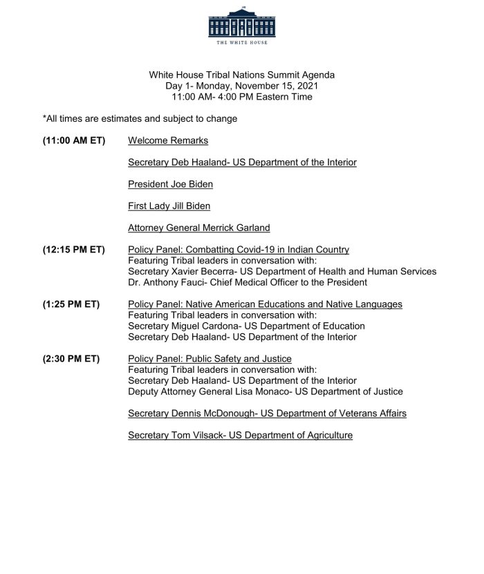 Schedule of the White House Tribal Nations Summit 2021
