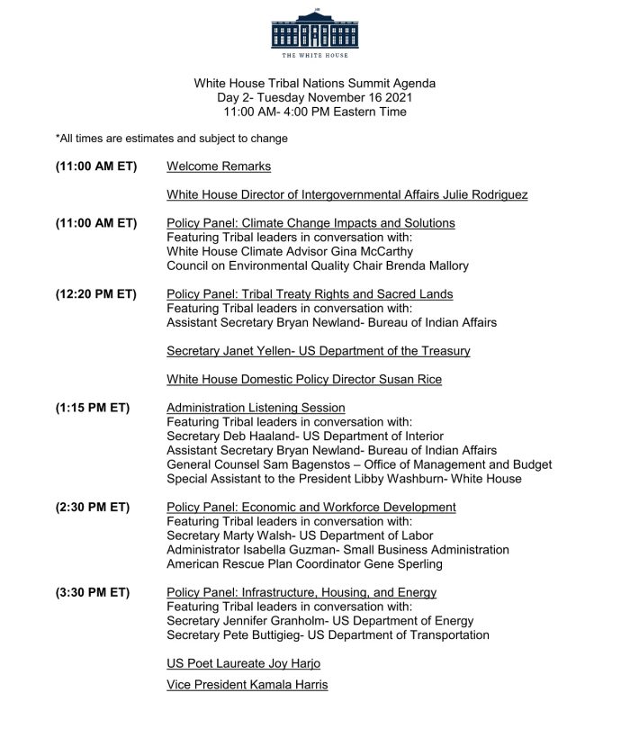 Schedule of the White House Tribal Nations Summit 2021