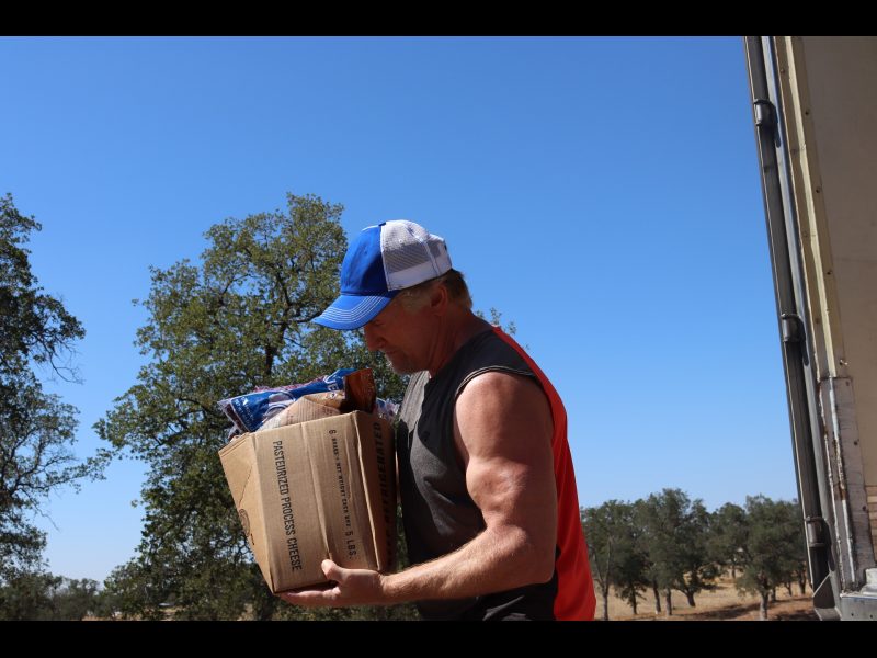 Just one of the many boxes being loaded for later deliveries in the coming days. California Valley Miwok Tribe staff member Tiger Paulk carrying good supplies.