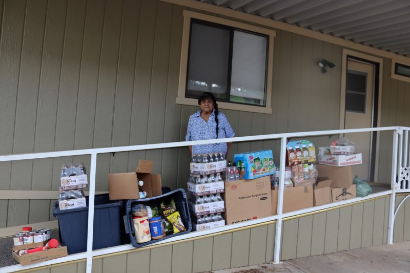 FFTF Program Director, Mildred Burley seen here was very happy to realize just how plentiful this month's delivery was. California Valley Miwok Tribe Elder with good supplies