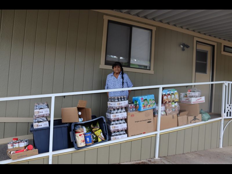 FFTF Program Director, Mildred Burley seen here was very happy to realize just how plentiful this month's delivery was. California Valley Miwok Tribe Elder with good supplies