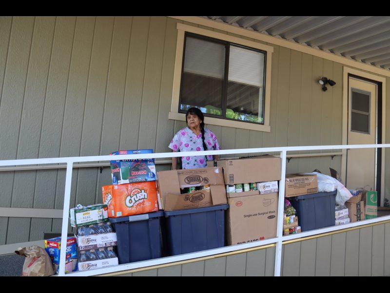 Last angle encompassing all of distribution and giving Mildred a little more face time for all the respect and admiration we, the California Valley Miwok have for our elder, for all she means to us and all she does for her tribal people. California Valley Miwok Tribe elder Mildred Burley with foods and goods delivery in August 2022.