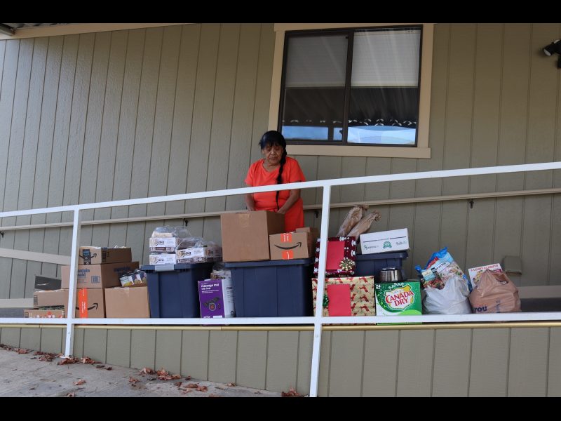Program Director of Food For Tribal Families Program Mildred Burley. Tribal elder Mildred Burley with CVMT goods.