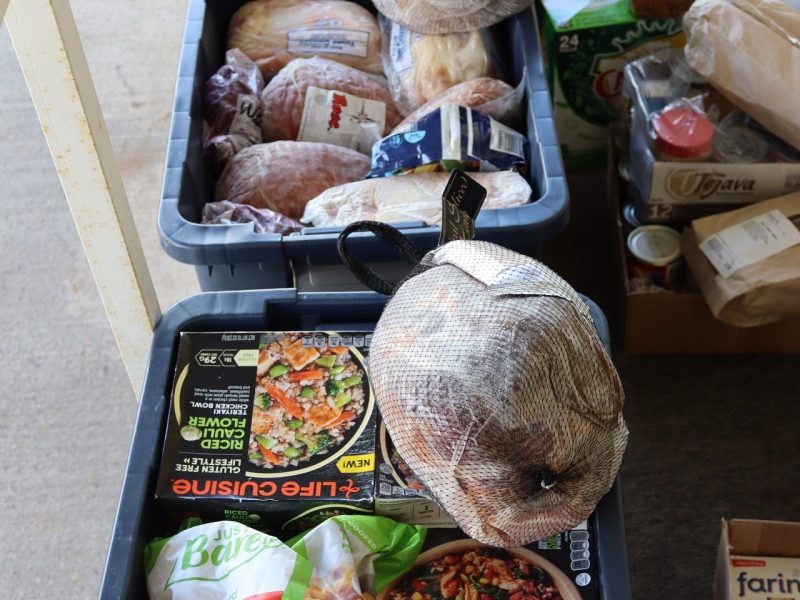 Usually just containing bread items tubs are not pictured open, but with
the abundance of frozen goods this month it was thought necessary to show the good will bestowed upon the tribe. Boxes of goods for the Miwok tribes.
