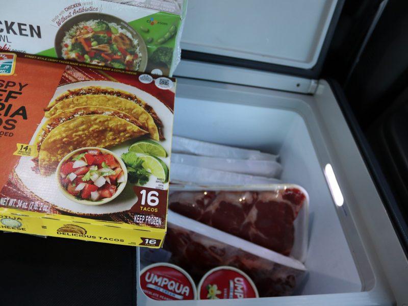 Various meal items, ice cream and steaks.