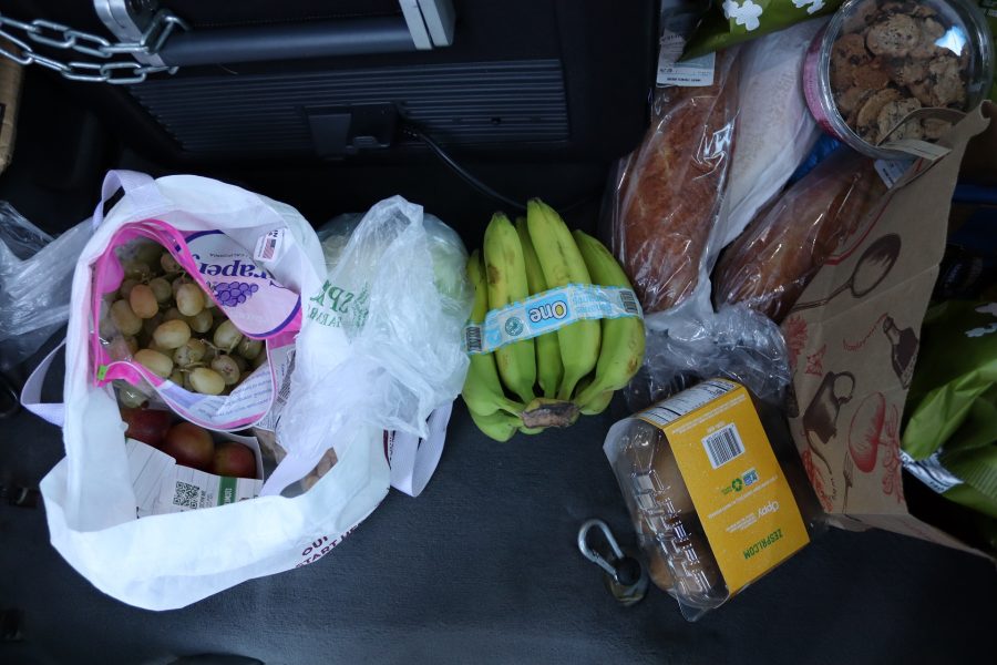 This picture shows more of the types of fruits and wholesome snacks that were included. Bananas and various fruits for tribal families.