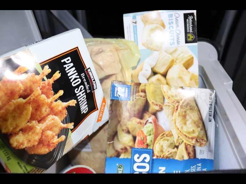 Various frozen foods and a very long rib loin to be cut into sectional roasts. Various foods to be delivered during December 2023 Food for Tribal Families Program.