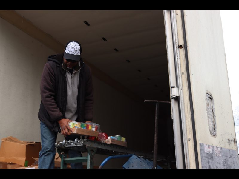 Final distribution of the day with just a few items left on conveyor. Ronald Buckman finishing the 2024 January distribution for the California Valley Miwok Tribe.