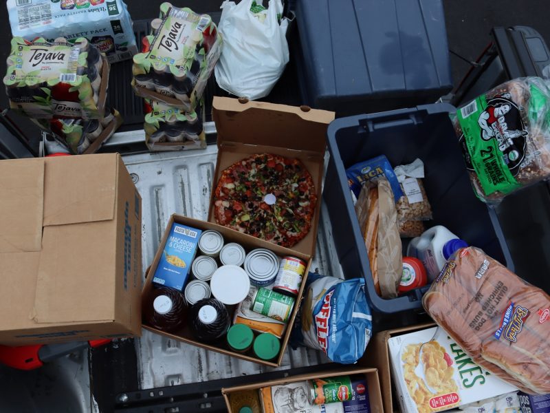 Various drinks, breads, canned goods, chips, nuts, cleaning supplies and pizza. Lots of foods to be delivered to tribal families by the California Valley Miwok Tribe in January 2024.