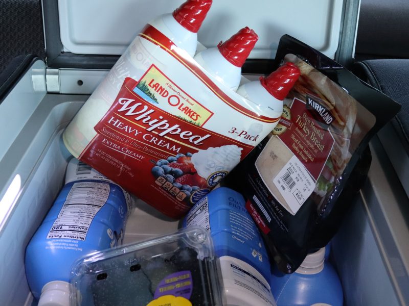 Dairy, meat and fruit. Diverse foods to be delivered to Miwok tribal elder Mildred Burley in March 2024 Food For Tribal Families delivery.