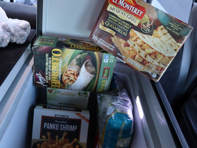 Fish, frozen foods and vegetables. Diverse foods to be delivered to Miwok tribal elder Mildred Burley in March 2024 Food For Tribal Families delivery.