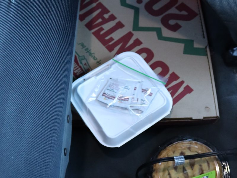 Pizza, bananas, desserts and bread. Diverse foods to be delivered to Miwok tribal elder Mildred Burley in March 2024 Food For Tribal Families delivery.