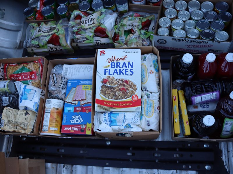 Juices, cereals, grains, baking goods and treats. Diverse foods to be delivered to Miwok tribal elder Mildred Burley in March 2024 Food For Tribal Families delivery.