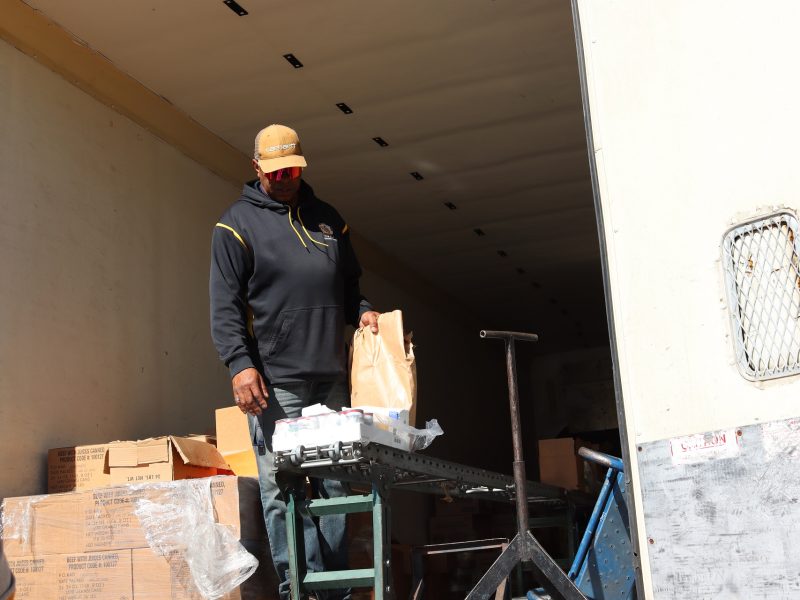 End of small distribution meant for an individual. Individuals to whole families can apply for this service. Ronald Buckman checking the goods to deliver to the California Valley Miwok Tribe.