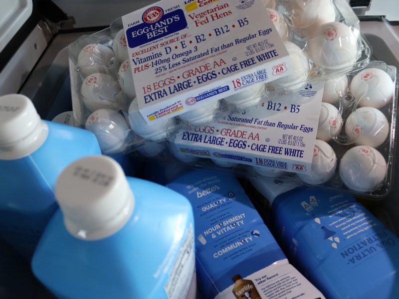 Various eggs, milks and dairy products.