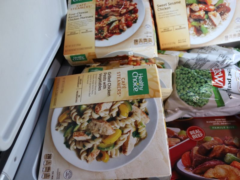 Various frozen entrees and vegetables.
