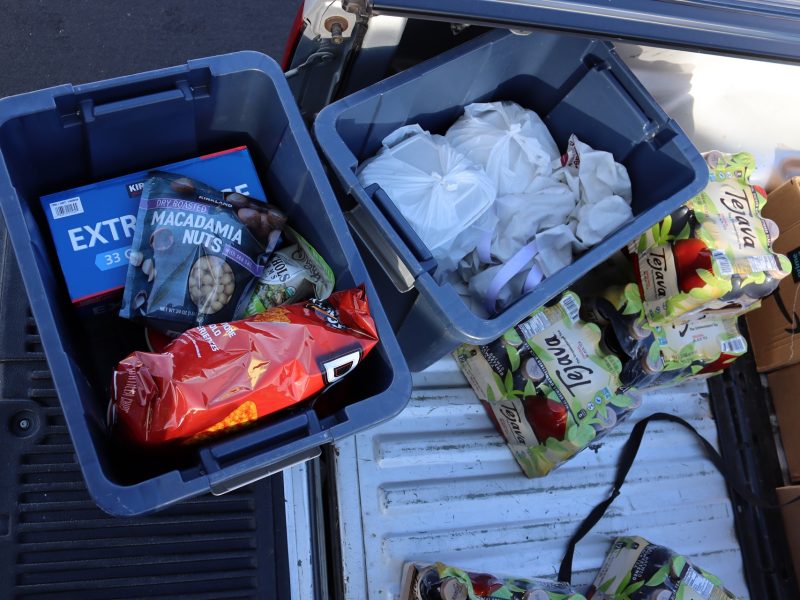 Large order of Cantonese take out along with teas, snacks and janitorial products.