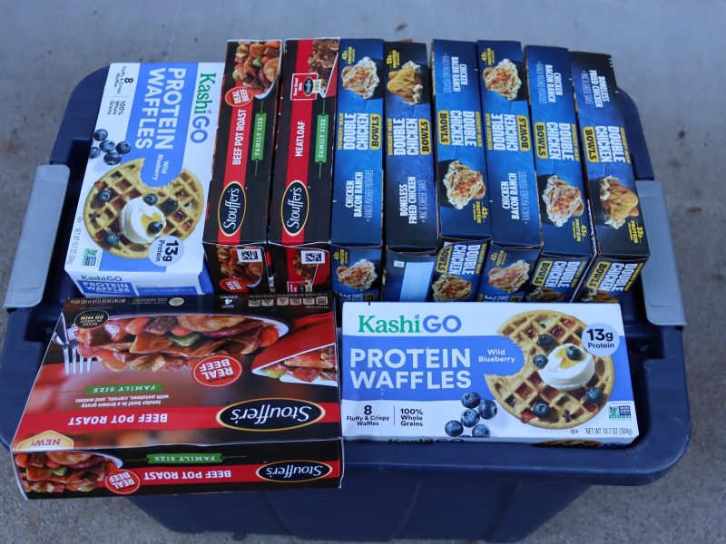 A whole tub of frozen entrees and breakfast items.