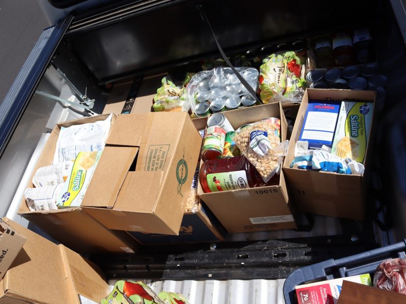 Canned and various, boxed, dry goods, canned goods and mixes.