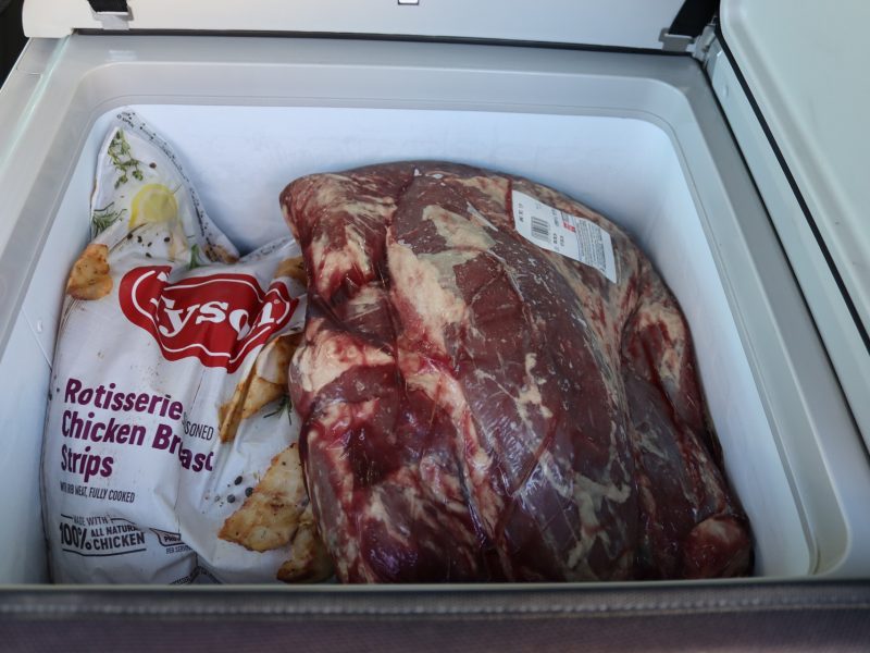 Additional meats included were multiple packs of tri-tip and bags of sliced rotisserie chicken.