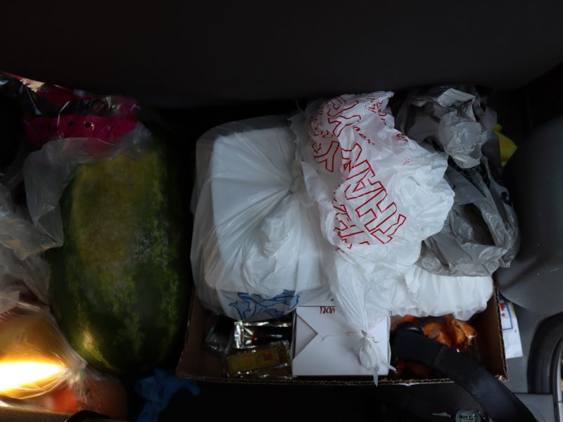 Watermelon, fruits, vegetables and a large order of Cantonese take out.