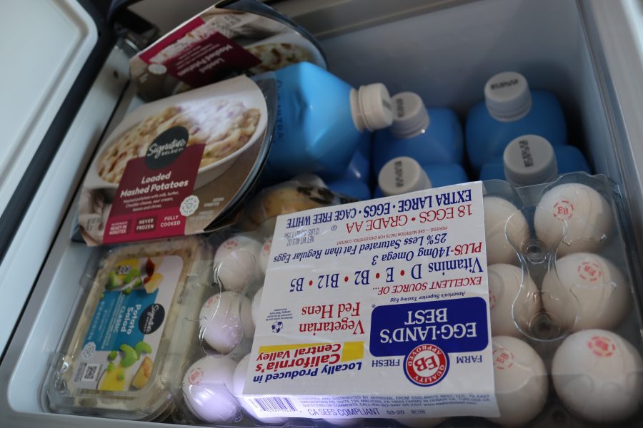 Dairy and meal enhancers. A refrigerator filled with eggs and various food items, part of July 2024 Food for Tribal Families Program distribution by CVMT.