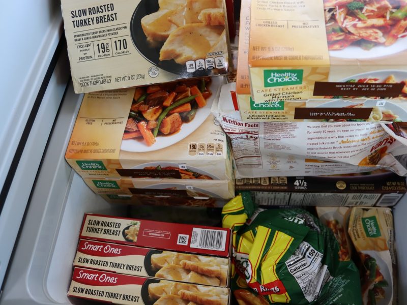Multiple frozen meal items.