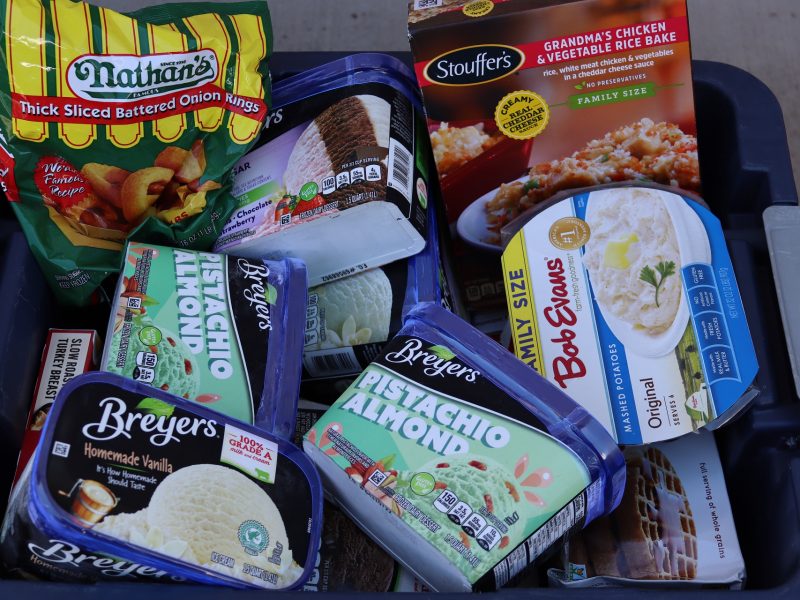 Various frozen items including desserts.