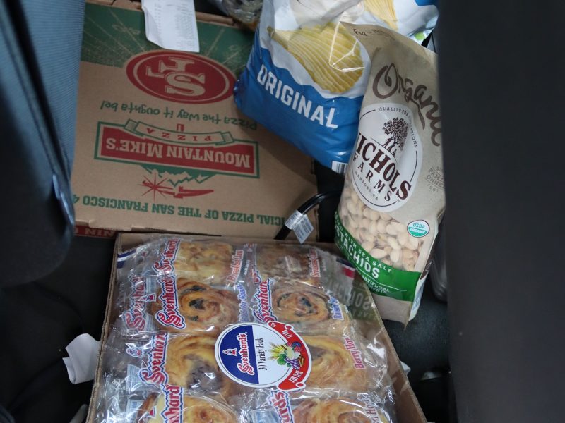 Snacks, pies, cakes, cookies, bread and pizza.