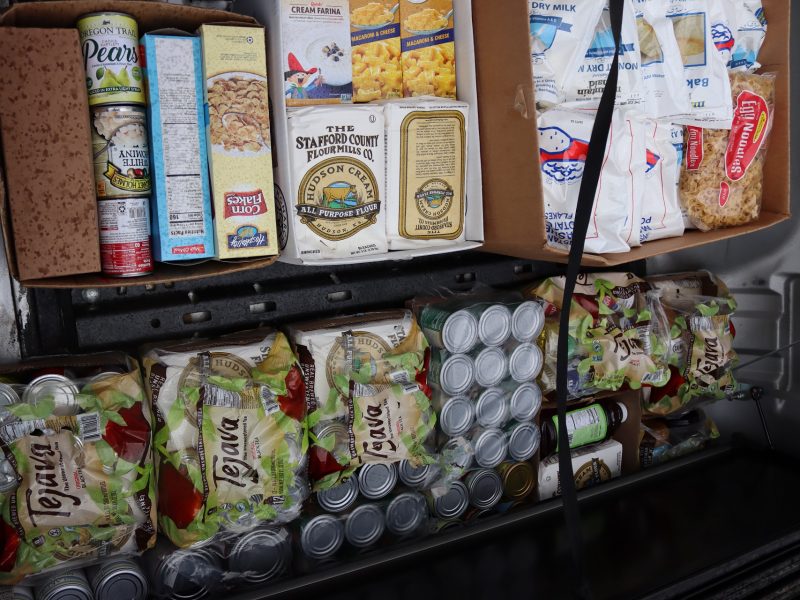 Canned items, cereals, mixes, soups, juices, cheese & noodles.