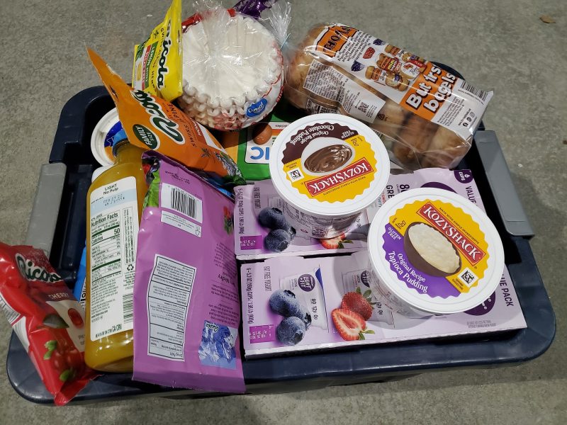 Puddings, bread, dairy, eggs, juices, milk, cold medicine.