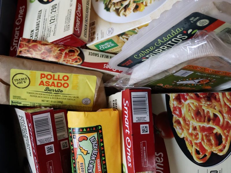 Many healthy frozen entrees and hand wrapped burritos.