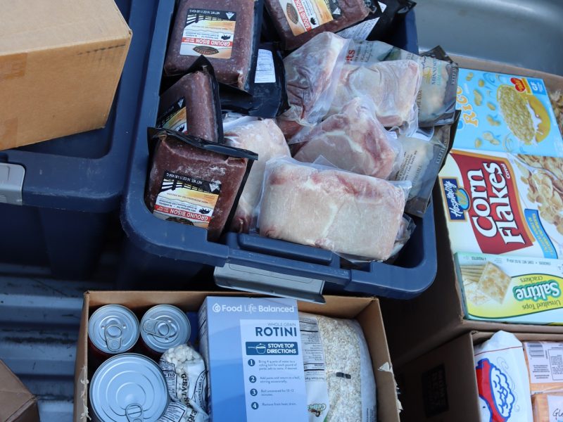 Multiple other items including a full plastic tub of frozen meats.