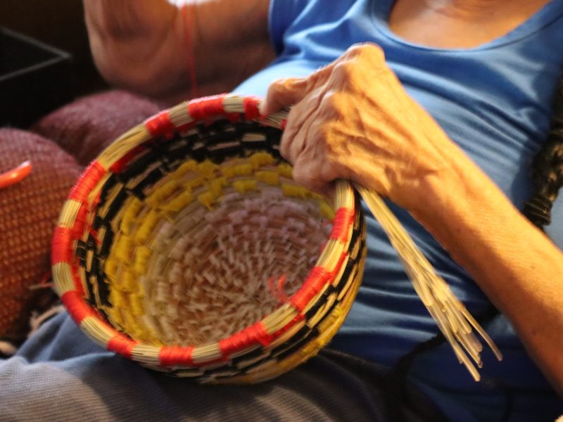 Close up of current basket being weaved by CVMT elder and cultural leader Mildred Burley. Last of the full blood Miwok.