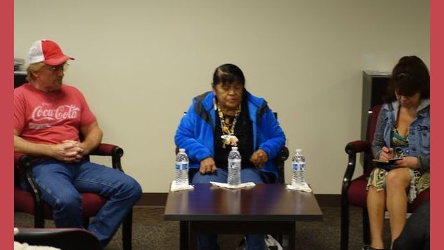Tribal elder/artisan/oral historian and language retentionist Mildred Burley (center) speaks of her early life growing up in a Native American village as one of the last full bloods of her people.